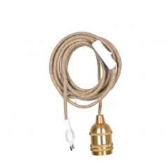 Suspension douille doré câble corde naturelle